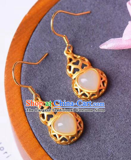 China Traditional Jade Heart Ear Jewelry Accessories National Cheongsam Golden Gourd Earrings