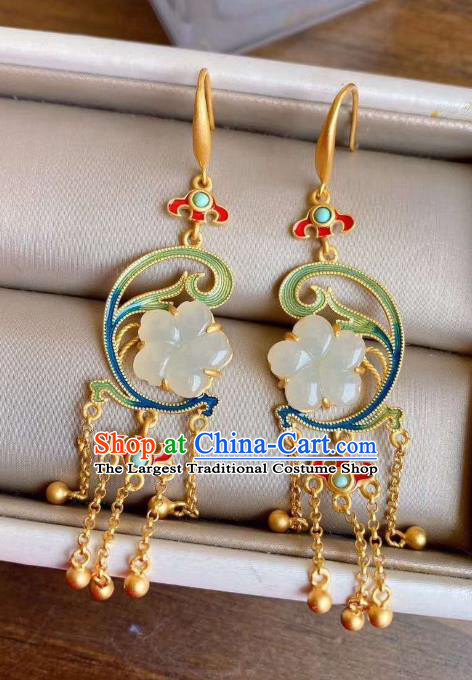 China Traditional Jade Plum Ear Jewelry Accessories National Cheongsam Golden Tassel Earrings