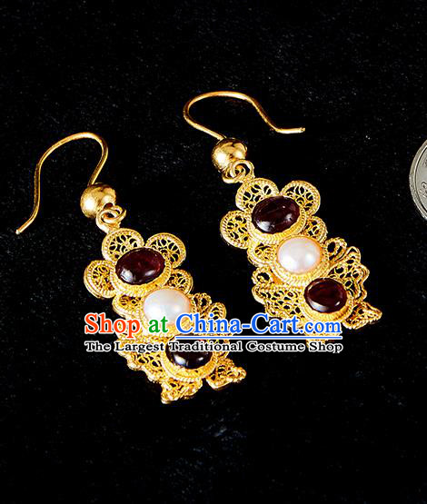 China Traditional Ming Dynasty Agate Ear Jewelry Accessories Ancient Empress Pearls Earrings