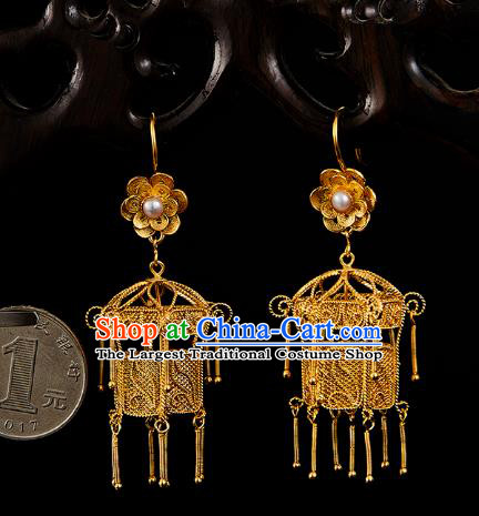 China Traditional Ming Dynasty Pearl Ear Jewelry Accessories Ancient Empress Golden Lantern Earrings