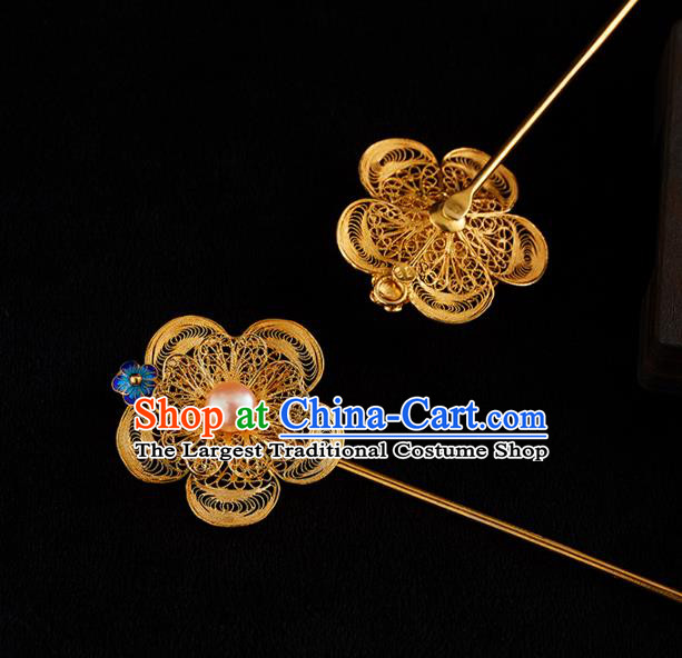 China Handmade Pearl Hair Stick Jewelry Accessories Traditional Ming Dynasty Golden Plum Blossom Hairpin