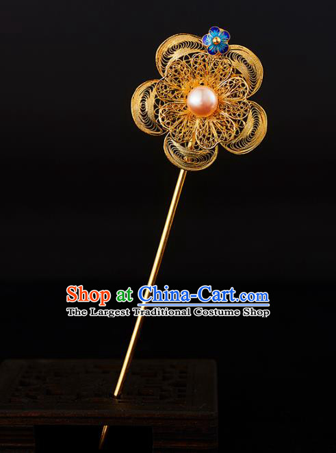 China Handmade Pearl Hair Stick Jewelry Accessories Traditional Ming Dynasty Golden Plum Blossom Hairpin