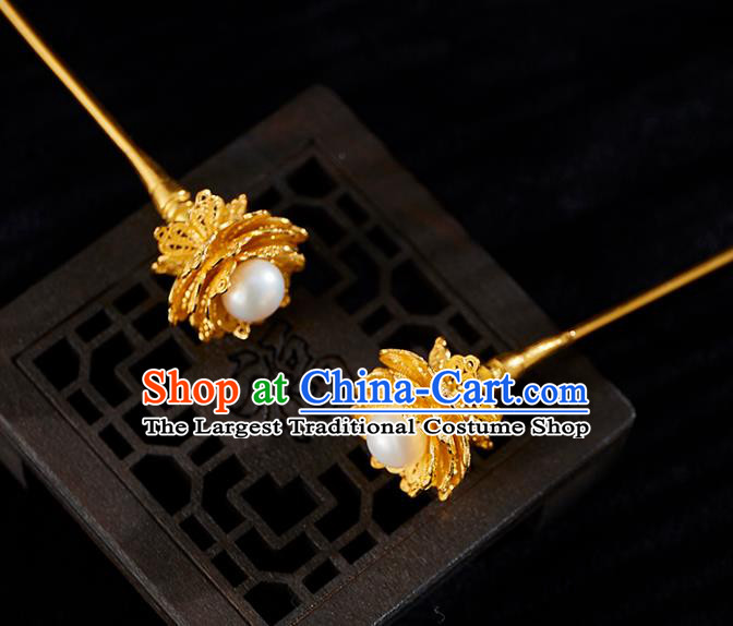 China Handmade Golden Hair Stick Jewelry Accessories Traditional Ming Dynasty Pearl Hairpin