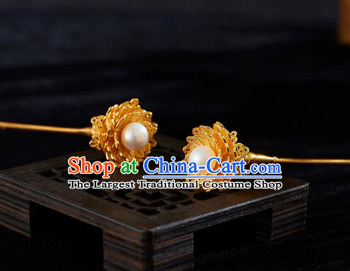 China Handmade Golden Hair Stick Jewelry Accessories Traditional Ming Dynasty Pearl Hairpin