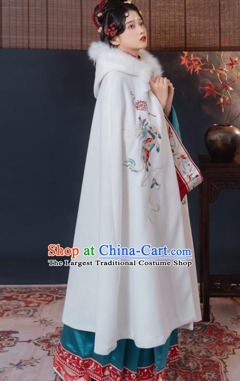 China Ancient Imperial Concubine Historical Clothing Traditional Ming Dynasty Embroidered Hanfu White Cape
