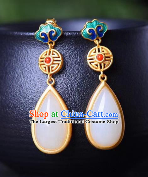 China Traditional Qing Dynasty Jade Ear Jewelry Accessories Classical Cheongsam Blueing Cloud Earrings