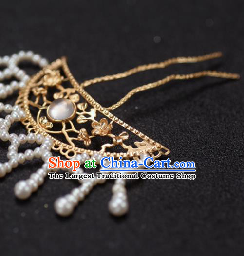 China Handmade Pearls Tassel Hairpin Traditional Ming Dynasty Hair Accessories Ancient Princess Golden Hair Stick