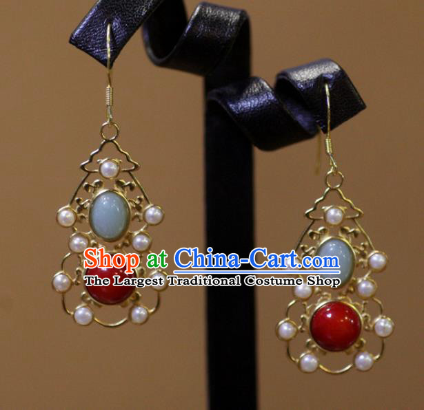 China Traditional Ming Dynasty Empress Ear Jewelry Accessories Handmade Ancient Court Pearls Gems Earrings