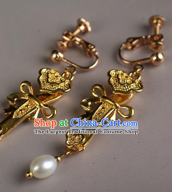 China Traditional Ming Dynasty Empress Pearl Ear Jewelry Accessories Handmade Ancient Court Golden Earrings