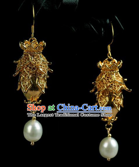 China Handmade Ancient Court Empress Golden Earrings Traditional Ming Dynasty Pearl Ear Jewelry Accessories