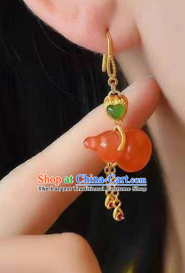 Handmade China Agate Gourd Earrings Traditional Golden Tassel Ear Jewelry Accessories