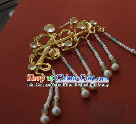 China Traditional Court Empress Golden Hairpin Handmade Hair Accessories Tang Dynasty Pearls Tassel Hair Comb
