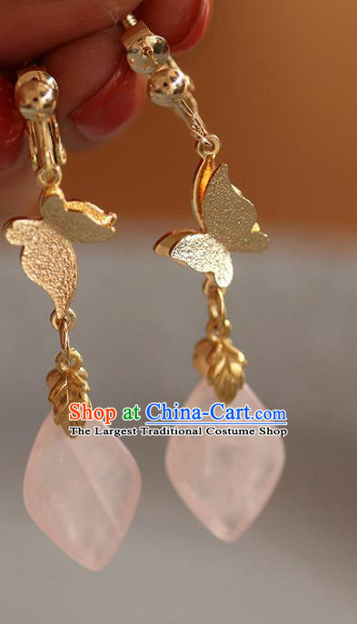 China Traditional Rose Quartz Ear Jewelry Accessories Handmade Cheongsam Golden Butterfly Earrings