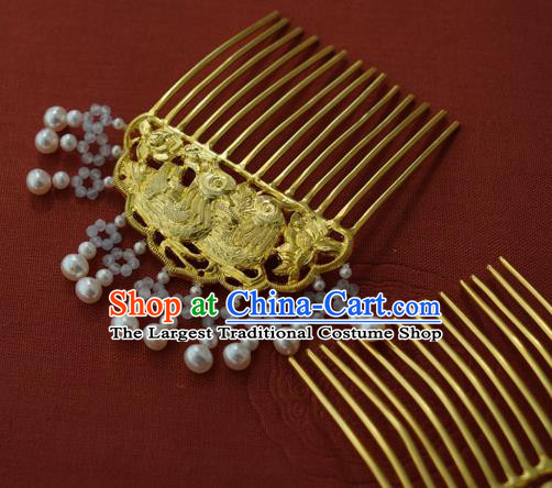 China Traditional Court Golden Hairpin Handmade Hair Accessories Ming Dynasty Pearls Tassel Hair Comb
