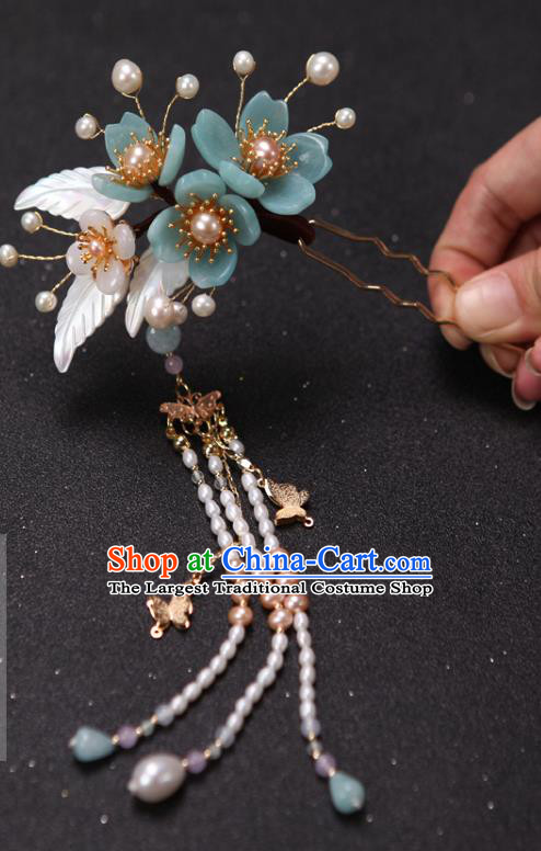 China Handmade Blue Plum Hairpin Traditional Ming Dynasty Hair Accessories Ancient Princess Pearls Tassel Hair Stick