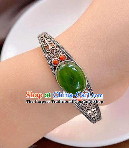 China Handmade Jade Bracelet Traditional Jewelry Accessories National Coral Silver Bangle