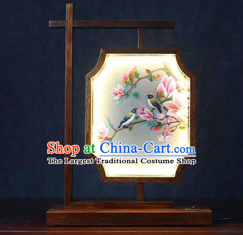 Chinese Traditional Embroidered Mangnolia Lantern National Desk Ornament Handmade Rosewood Table Screen