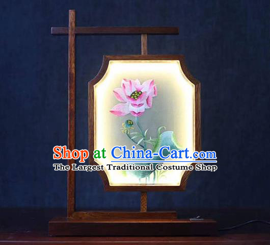 Chinese National Desk Lamp Ornament Handmade Rosewood Table Screen Traditional Embroidered Lotus Lantern