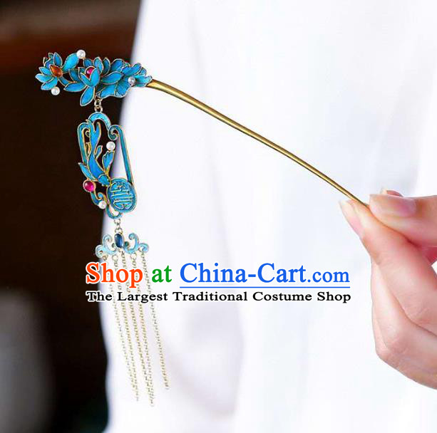 Chinese Traditional Qing Dynasty Blueing Lotus Hair Jewelry Handmade Ancient Empress Tassel Hairpin