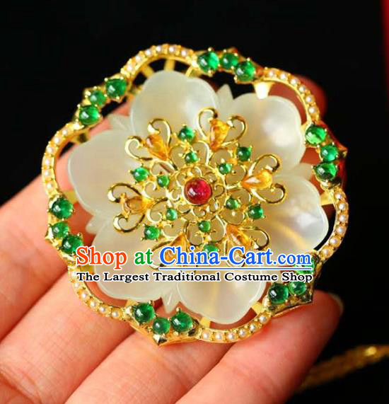 Chinese National Classical Jade Carving Flower Necklace Accessories Handmade Golden Necklet Pendant