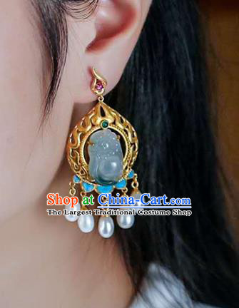 Handmade China Jade Carving Buddha Eardrop Accessories Traditional Pearls Jewelry National Cheongsam Golden Earrings