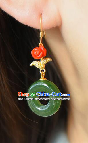 Handmade China Cheongsam Red Rose Eardrop Accessories National Jade Earrings Traditional Jewelry