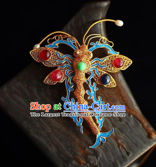 Chinese National Golden Dragonfly Brooch Jewelry Traditional Handmade Qing Dynasty Hairpin Cloisonne Hair Accessories