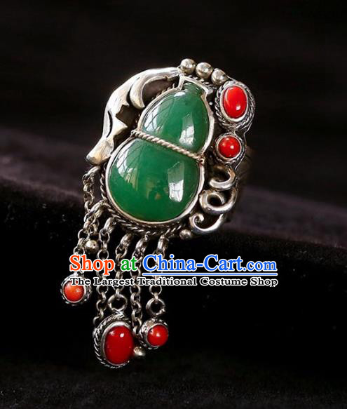 Chinese National Jadeite Gourd Ring Jewelry Traditional Handmade Agate Tassel Circlet Silver Accessories