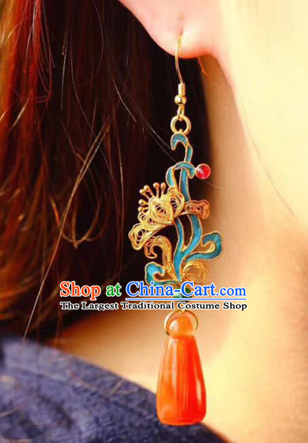 Handmade China Wedding Agate Eardrop Jewelry Traditional Cheongsam Accessories National Filigree Butterfly Earrings