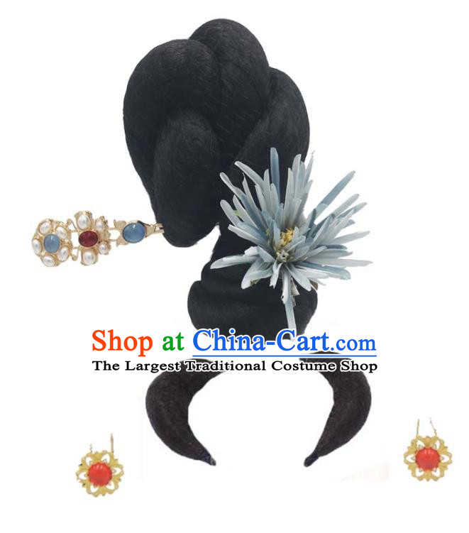 Chinese Traditional Tang Dynasty Flying Apsaras Dance Headwear Classical Dance Wigs Chignon and Blue Silk Flower Hairpin