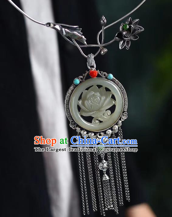 Chinese Classical Silver Tassel Necklet Pendant Handmade Accessories National Jade Carving Lotus Necklace