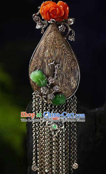 Chinese Classical Eaglewood Necklet Pendant Handmade Jadeite Accessories National Silver Tassel Necklace