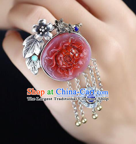 Chinese National Jade Ring Wedding Circlet Jewelry Traditional Handmade Carving Red Peony Accessories