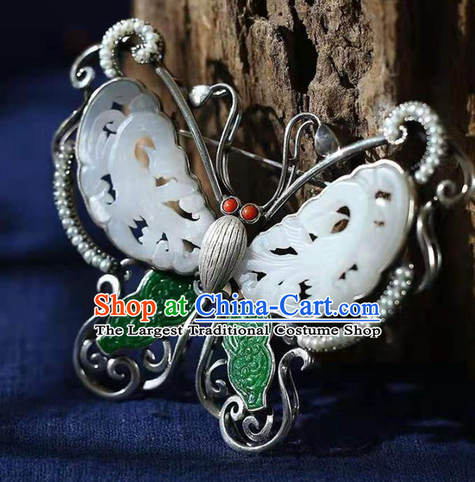 Chinese Handmade Butterfly Breastpin Pendant White Jade Brooch Accessories Traditional Silver Jewelry