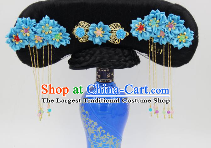 Chinese Ancient Princess Wigs Great Wing Qing Dynasty Palace Lady Hair Chignon and Blue Silk Flowers Hairpins