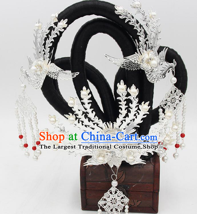 Chinese Tang Dynasty Court Woman Hair Chignon and Argent Phoenix Hairpins Ancient Court Lady Wigs Sheath Headwear