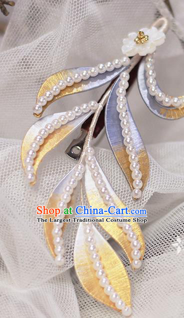 Chinese Ancient Princess Pearls Hair Accessories Traditional Ming Dynasty Silk Leaf Hair Stick
