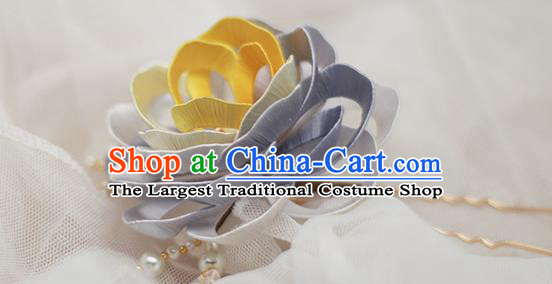 Chinese Handmade Classical Pearls Hairpin Traditional Hair Accessories Hanfu Blue Silk Peony Hair Stick