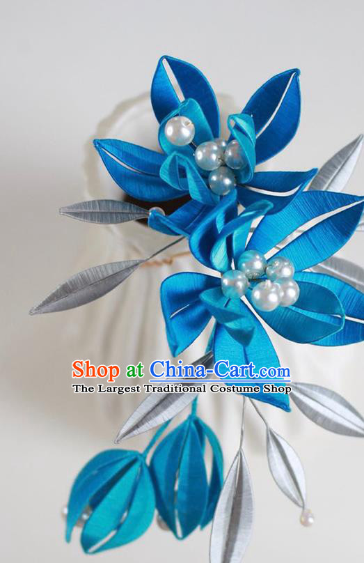 Chinese Handmade Peacock Blue Silk Hair Stick Traditional Song Dynasty Flowers Hairpin Classical Hair Accessories