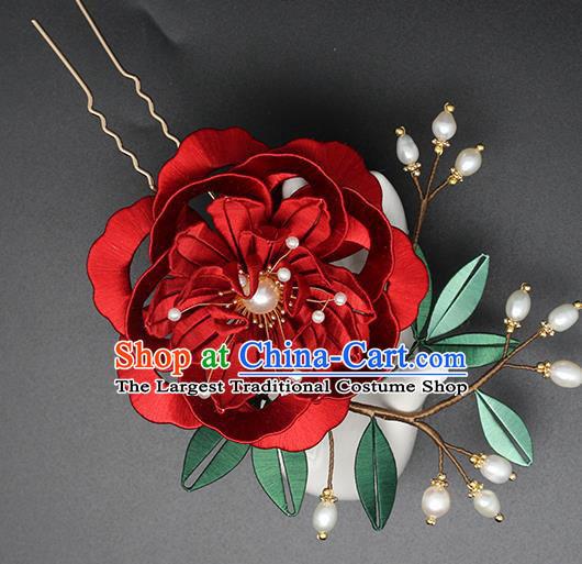 Chinese Traditional Red Silk Peony Hair Stick Hanfu Hair Accessories Handmade Classical Pearls Hairpin