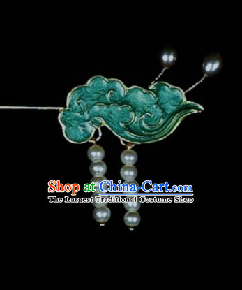 Chinese Traditional Cloisonne Cloud Hairpin Ancient Qing Dynasty Princess Pearls Tassel Green Hair Stick