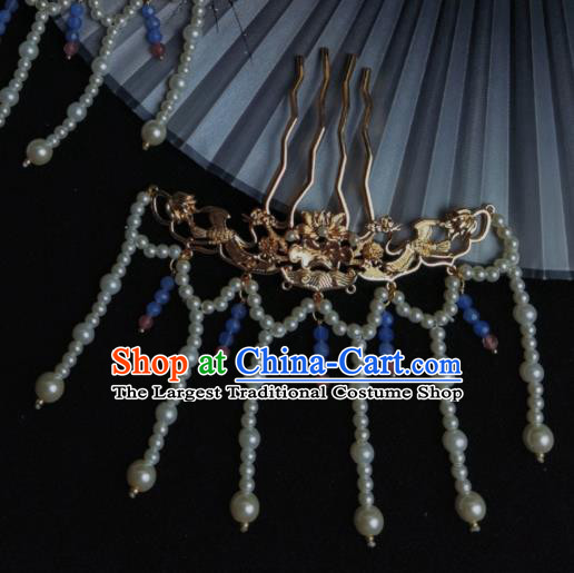 Chinese Traditional Golden Lotus Hairpin Ancient Ming Dynasty Empress Pearls Tassel Hair Comb