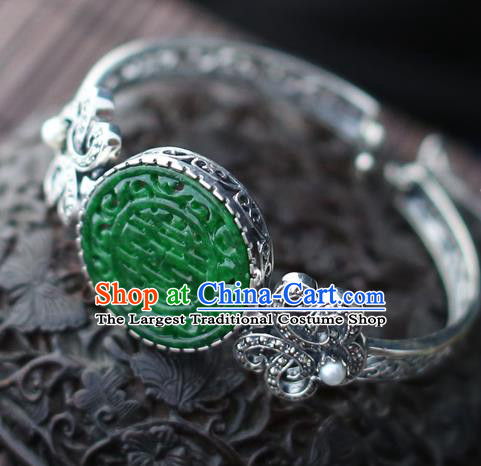 China Traditional Silver Bracelet Classical Cheongsam Jade Wristlet Bangle Jewelry Accessories