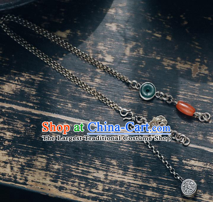 Chinese National Silver Necklace Agate Tassel Necklet Classical Cheongsam Accessories