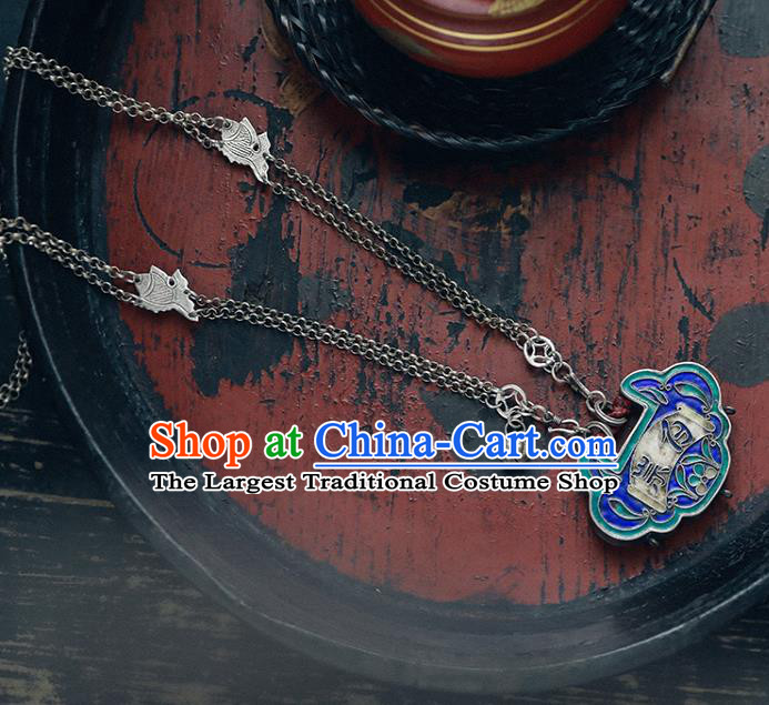 Chinese National Cloisonne Necklace Handmade Ethnic Necklet Accessories Classical Silver Carving Longevity Lock