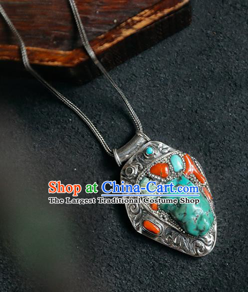 Chinese Handmade Ethnic Necklet Accessories Classical Kallaite Jewelry National Silver Carving Necklace