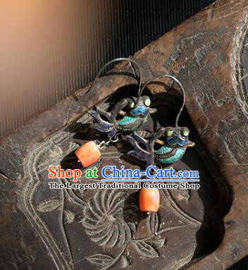 Handmade Chinese Traditional Blueing Fish Ear Jewelry Classical Cheongsam Earrings Accessories Agate Eardrop