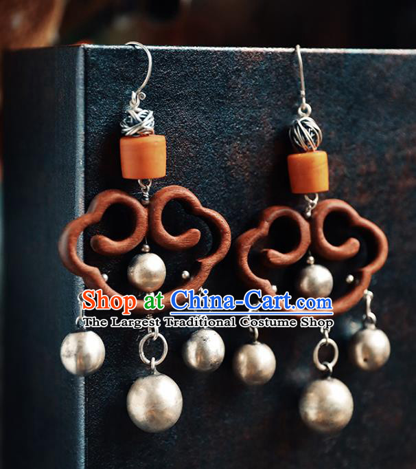 Handmade Chinese Wood Eardrop Accessories Traditional Ear Jewelry Classical Cheongsam Silver Bells Tassel Earrings