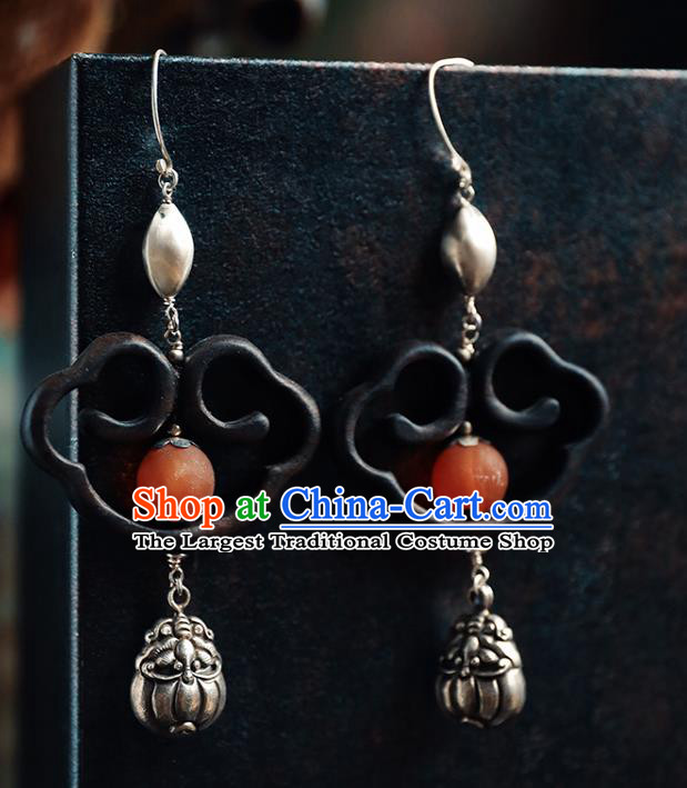 Handmade Chinese Ebony Eardrop Accessories Classical Cheongsam Silver Earrings Traditional Ear Jewelry