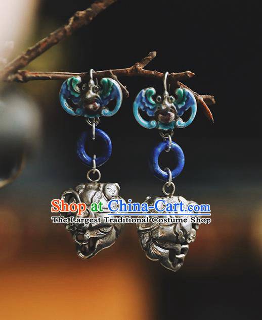 Handmade Chinese Traditional Silver Boys Ear Jewelry Classical Cheongsam Lapis Earrings Accessories Blueing Bat Eardrop